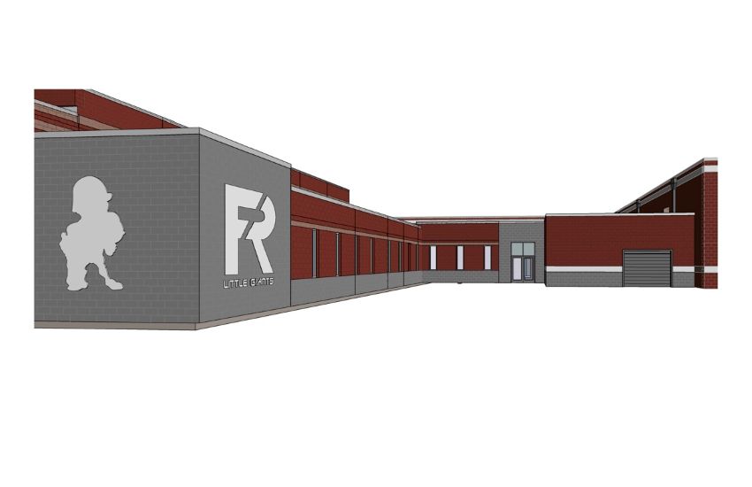 A front elevation rendering set against a plain white background. The left side features a gray block wall displaying a silhouette of the 'Little Giant' mascot, a large 'R', and 'LITTLE GIANTS' text. The image clearly shows the elevation levels of the red brick connector joining the structures.